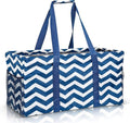 Extra Large Utility Tote Bag, Oversized Collapsible Reusable Wire Frame Rectangular Canvas Basket With Two Exterior Pockets For Beach, Pool, Laundry, Car Trunk, Storage - Chevron Navy by Lucazzi