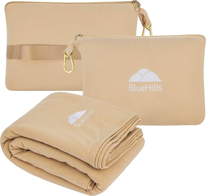 BlueHills Ultra Compact and Compact Light Travel Blankets for Two Value Pack Set of 2 – Airplane Travel Essentials Soft Flight Trips Throw in Portable Cases for Car Plane Travel Gifts – Beige - Image 3