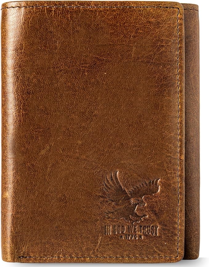 BULL GUARD Men’s RFID Trifold Leather Wallet with ID Window, Crafted from Durable Oil Tan Leather with Strong Stitching, Stylish, Secure Wallet for Work, Sport, Travel, Outdoors, Embossed Eagle Emblem by BullGuard