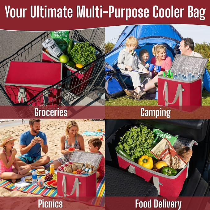 VENO 3 Pack Cooler Bag Insulated Grocery Bags for Food Delivery Heavy Duty | Large Collapsible Cooler, Reusable Shopping Tote w/ Zippers, Foldable, Stands Upright, for Groceries Camping (Red, 3 Pack) - Image 5