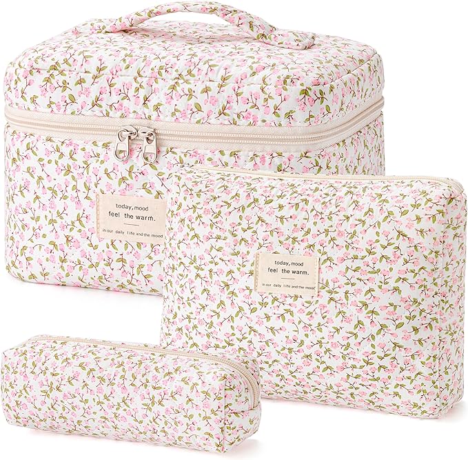 HBselect Quilted Makeup Bag, 3Pcs Cotton Large Travel Makeup Bags Organizer | Cute Floral Make up Bag Cosmetic Bag Toiletry Bag for Women Girls, Makeup Pouch for Skincare, Brushes & Travel Essentials by HBselect