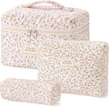 HBselect Quilted Makeup Bag, 3Pcs Cotton Large Travel Makeup Bags Organizer | Cute Floral Make up Bag Cosmetic Bag Toiletry Bag for Women Girls, Makeup Pouch for Skincare, Brushes & Travel Essentials by HBselect