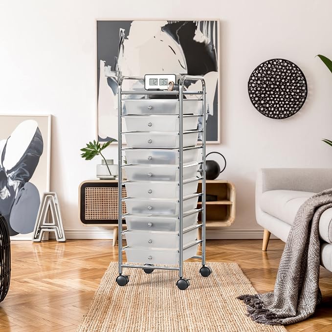 Simple Houseware 10 Drawers Rolling Utility Cart Organizer, Chrome | 1-Column, 36" Height, Lockable Wheels, for School, Office, Art Craft, and Paper Storage - Image 3