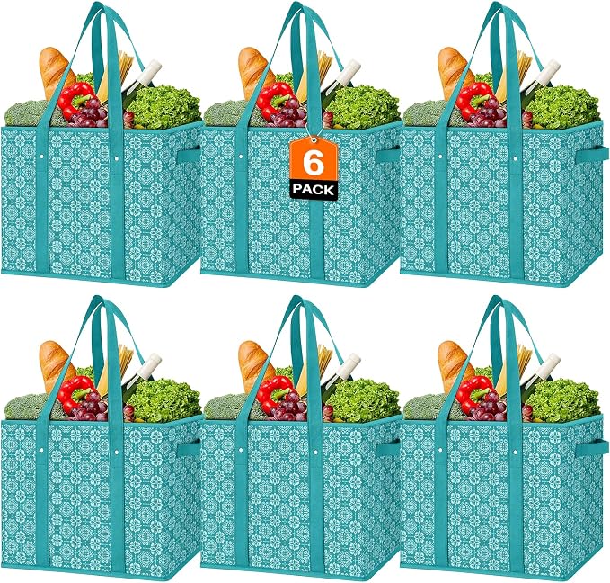 Reusable Grocery Bags 6 Pack, Foldable & Water Resistant Shopping Bags | Large Grocery Tote Bag Water Resistant Shopping Bags Foldable Grocery Bag for Clothes,Shoes and Picnic by WiseLife