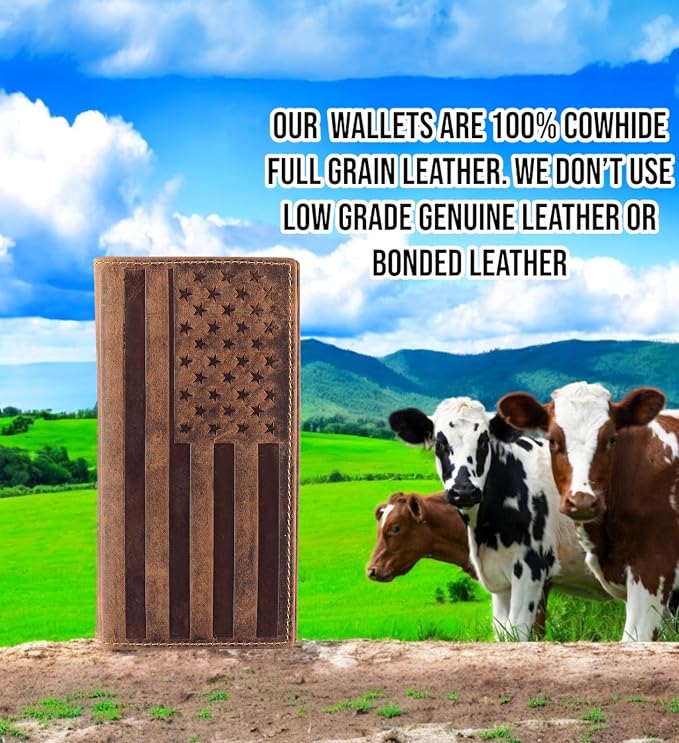 F&L CLASSIC Men's RFID Vintage Look Genuine Leather Long Bifold Wallet Checkbook Wallets,brown flag,240-100 - Image 4