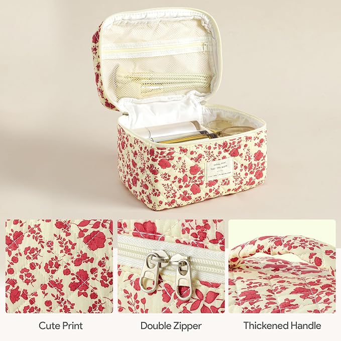 HBselect Quilted Makeup Bag, 3Pcs Cotton Large Travel Makeup Bags Organizer | Cute Floral Make up Bag Cosmetic Bag Toiletry Bag for Women Girls, Makeup Pouch for Skincare, Brushes & Travel Essentials - Image 3