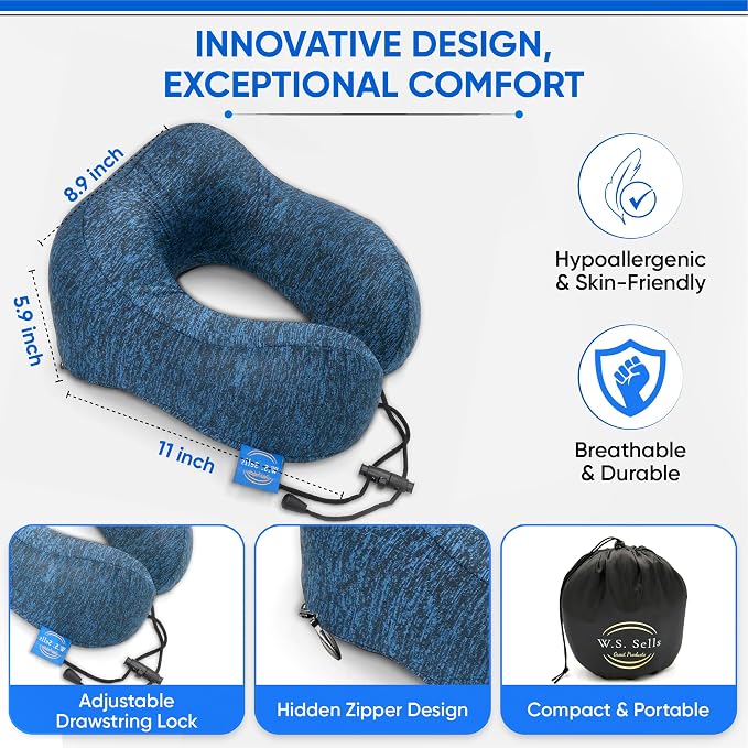 W.S. Sells Travel Neck Pillows for Airplanes - Pure Memory Foam with Ergonomic Design & Breathable Fabric - Travel Pillows for Airplanes & Cars - Set of Travel Essentials with Sleep Mask & Ear Plugs - Image 4