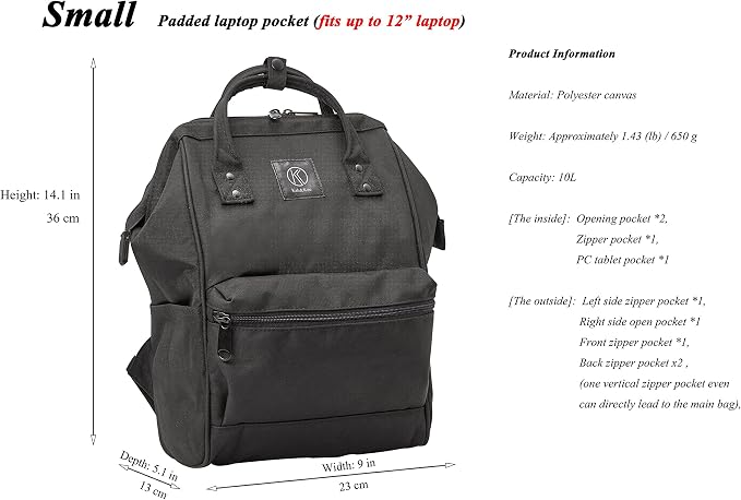 Kah&Kee Polyester Travel Backpack Functional Anti-theft School Laptop for Women Men (Black, Small) - Image 3