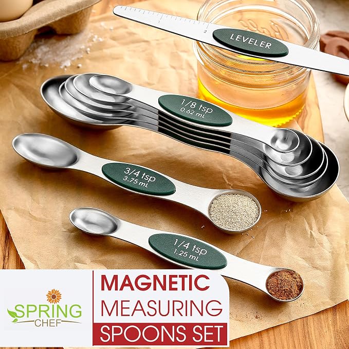Spring Chef Stainless Steel Magnetic Measuring Spoons Set of 8, Pine Green | Nesting Metal Teaspoon & Tablespoon Measuring Spoons with Leveler for Dry & Liquid Ingredients, Dual Sided, Dishwasher Safe - Image 7
