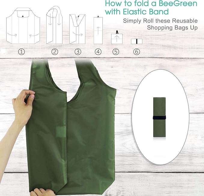 BeeGreen Dark Green Reusable Grocery Bags Bulk 10 Packs, Kitchen Reusable Shopping Bags 50LBS Large, Machine Washable Durable, Easily Foldable with a Storage Bag - Image 4