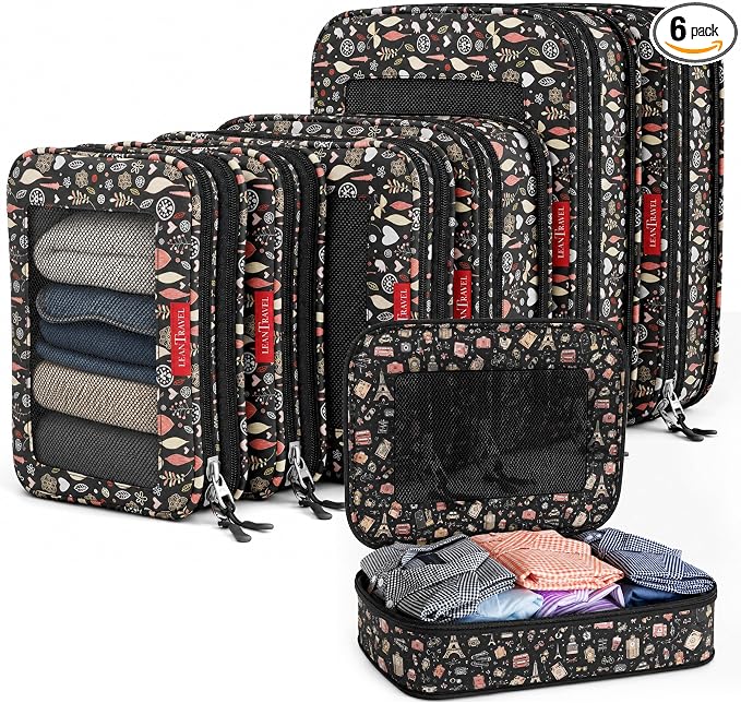 LeanTravel Premium Compression Packing Cubes for Travel - Suitcase Organizer Bags with Double Zipper & Breathable Mesh Panel - Space Saving Carry On Luggage Essentials (6-Pack, Flowers) by LeanTravel