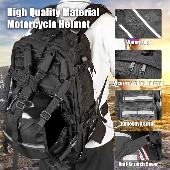 Goldfire Helmet Backpack for Motorcycle Riding Cycling Waterproof Large Capacity Daily Backpack with Helmet Holder Weather-Resistant Hiking Daypack Durable (V1) - Image 3