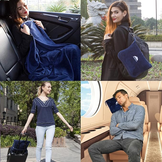 BlueHills Premium Soft Long Travel Blanket Pillow Airplane - Navy Blue | 70 X 48 Long Travel Blanket/Pillow, Luggage Belt & Carabiner, Tall Compact & Packable, Large Airplane Traveling Essentials - Image 3