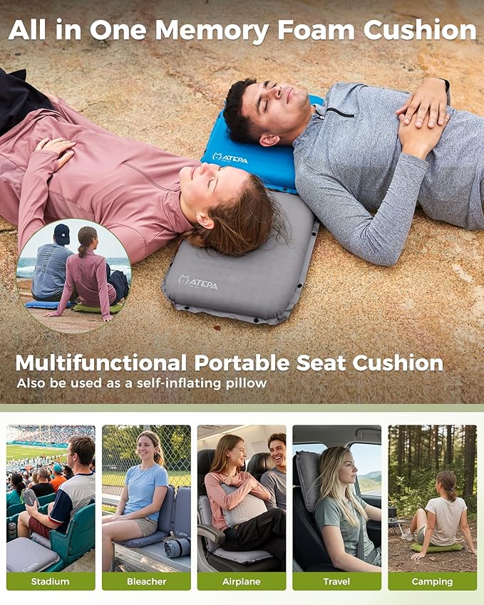 ATEPA Inflatable Seat Cushion | 2" & 2.5" Foam Core Seat Pad, Self Inflating, Compact, Stadium, Airplane, Travel, Camping, Hiking, Sports events - Image 3