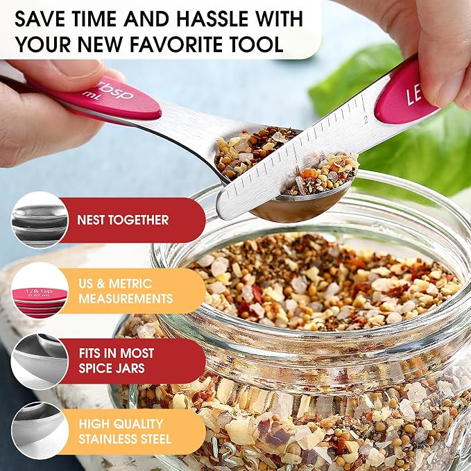 Spring Chef Dual Sided Magnetic Measuring Spoons Set of 8 for Kitchen, Pink | Stainless Steel Teaspoon & Tablespoon Measuring Spoons with Leveler for Dry & Liquid Ingredients, Nesting, Dishwasher Safe - Image 5