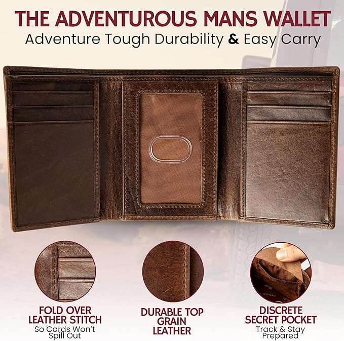 BULL GUARD Leather Trifold Wallets For Men In Grizzly Brown with ID and RFID Blocking Great For Work, Sports, Outdoors, No Logo Design - Image 2