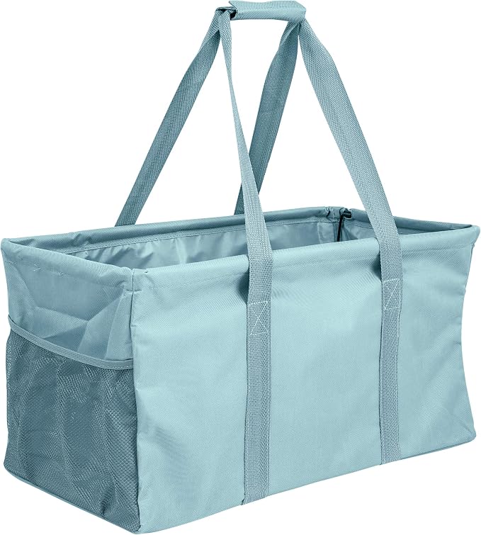 Extra Large Utility Tote Bag - Oversized Collapsible Reusable Wire Frame Rectangular Canvas Basket With Two Exterior Pockets For Beach, Pool, Laundry, Car Trunk, Storage - Light Blue by Lucazzi