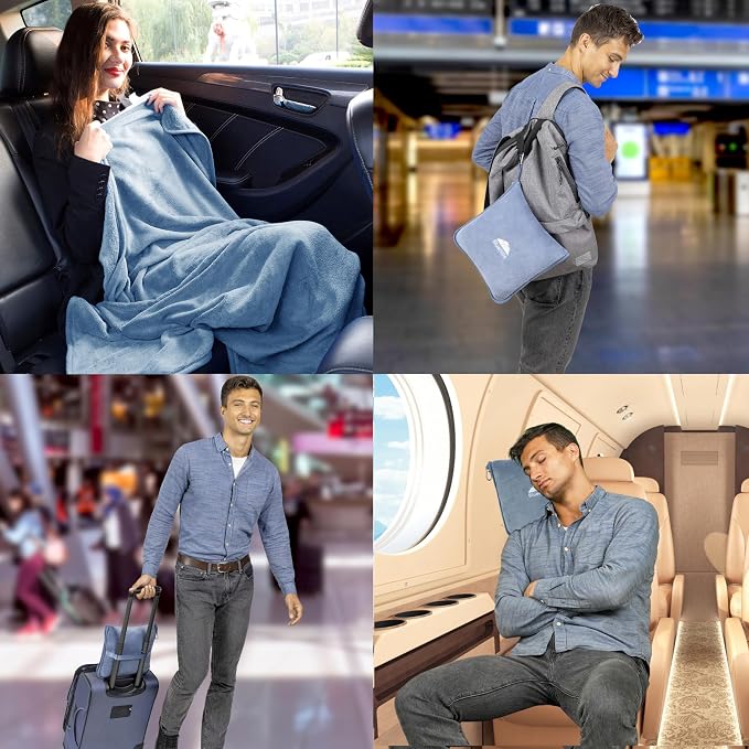 BlueHills Premium Soft Travel Blanket Pillow Combo Airplane Grayish Blue | Airplane Pillow/Blanket, Matching Soft Case, Hand Luggage Belt & Backpack Clip, Long Cruise Throws, Plane Travel Essentials - Image 3