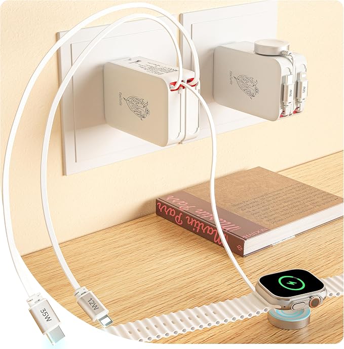 5-in-1 Retractable Apple Watch Charger, 35W Travel Wall Charger | Built-in 3.2ft USB-C, Older iPhone & Apple Watch Charging Cables, USB-A + USB-C Ports, Foldable Plug for Travel by FlexTurtle