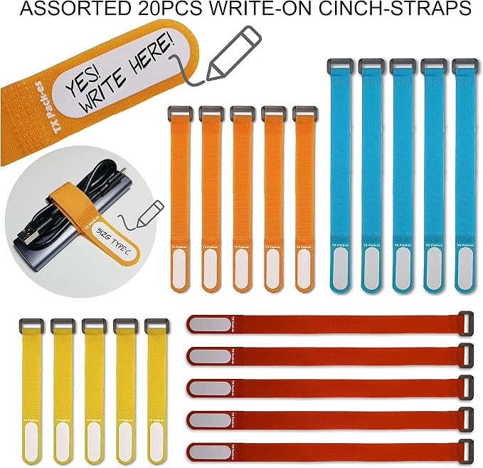 Multi-Purpose Cinch Straps (Assorted-Color 20 Pack). Reusable Waterproof Hook and Loop Cable Tie, Write-on Label for Easy Cord & Stuff Indentification, Organization & Management, by TX Pack-es - Image 2