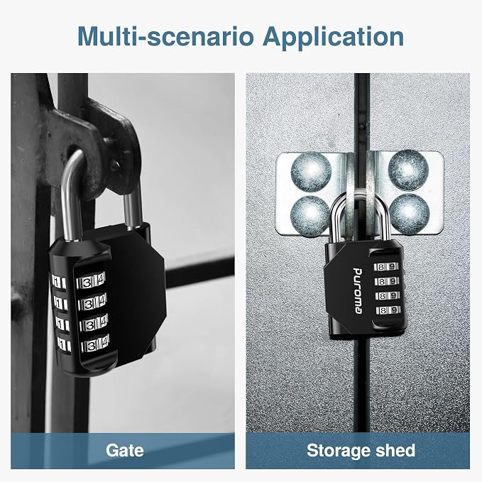 Puroma 3 Pack Combination Lock Locker 4 Digits Combo Padlock Gym Black | For School Gate Fence Toolbox Hasp Storage, Outdoor, Resettable, Weatherproof, Side Window, Crack Cut Resist, Hardened Steel - Image 6