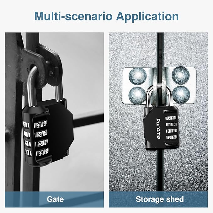 Puroma 4 Pack Combination Lock Locker 4 Digits Combo Padlock Gym Black | For School Gate Fence Toolbox Hasp Storage, Outdoor, Resettable, Weatherproof, Side Window, Crack Cut Resist, Hardened Steel - Image 6