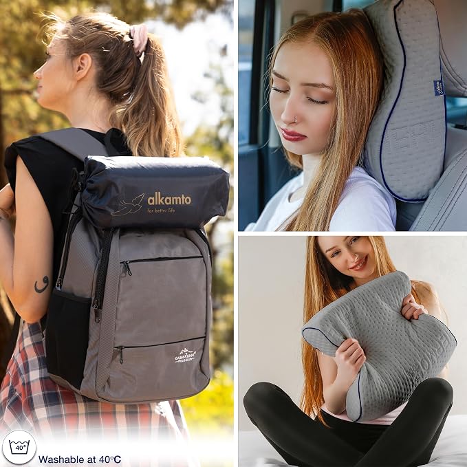 alkamto Travel & Camping Comfortable Memory Foam Pillow – Easy to Carry Portable Bag – Temperature Regulating Pillow Case (Grey Contour) - Image 3