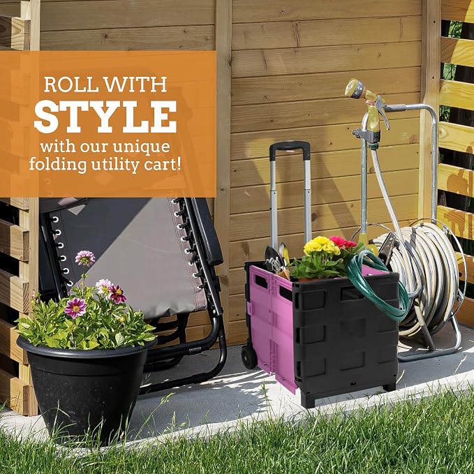 Inspired Living Ultra-Slim Rolling Collapsible Storage Pack-N-Roll Utility-carts, with Telescopic Handle, for Home, Garden, Shopping, Office, School use, Medium, Pink & Black - Image 7