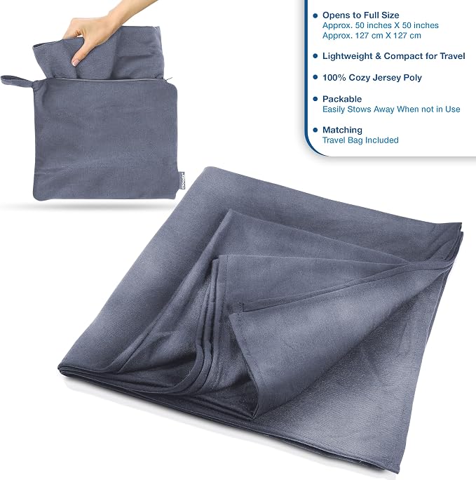 Super Soft Jersey Airplane Travel Blanket for Your Flight, Car, Camping, Home or Comforting Warmth Anywhere! Large in Size at 50"x 50" and Includes a Bag! - Heather Grey - Image 2