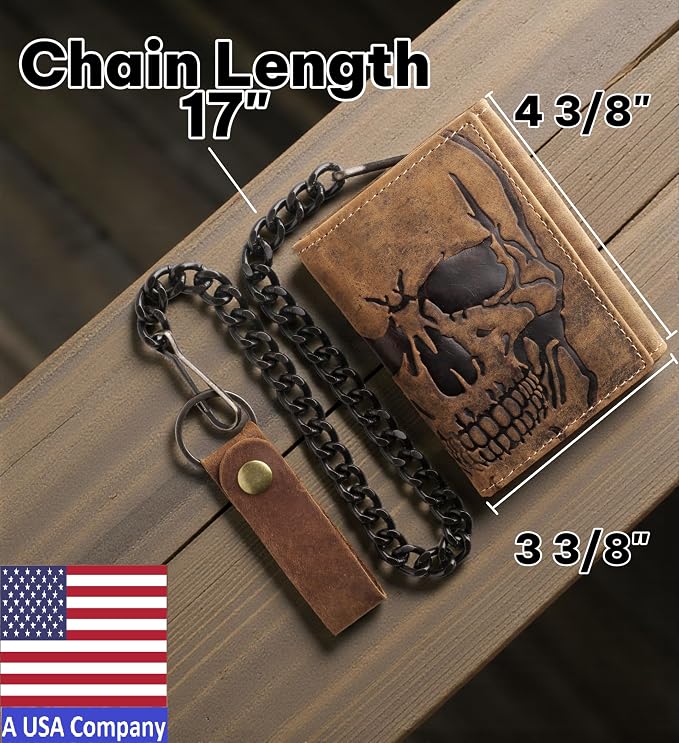 F&L CLASSIC RFID Blocking Men's Tri-fold Vintage Biker Cowhide Leather Steel Chain Wallet,Snap closure, brown,skull,315-70 - Image 2