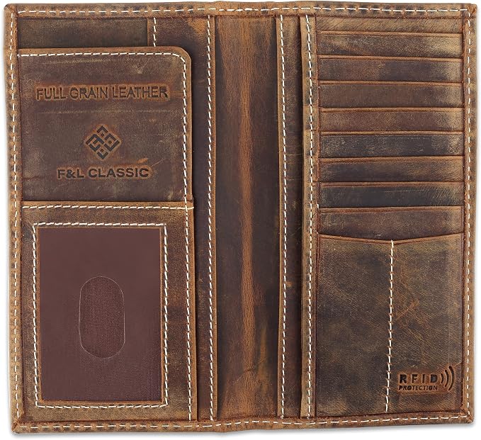F&L CLASSIC Men's RFID Vintage Look Genuine Leather Long Bifold Wallet Checkbook Wallets,buffalo wax vintage leather,240 wax brown w/white stitching - Image 2