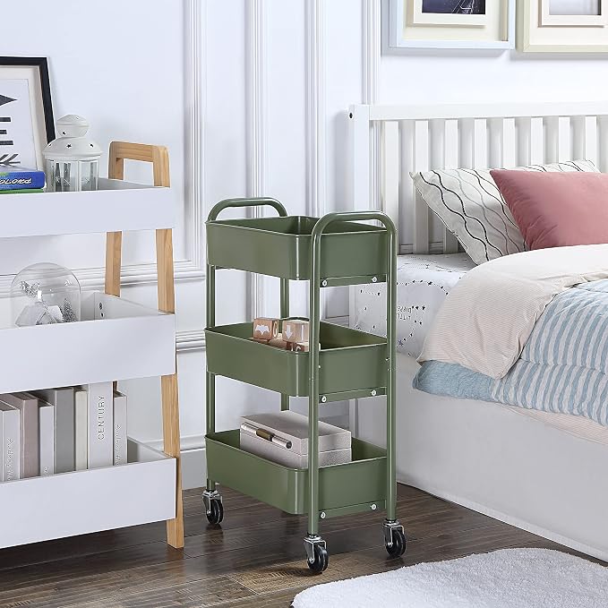 SunnyPoint 3-Tier Delicate Compact Rolling Metal Storage Organizer - Mobile Utility Cart Kitchen/Under Desk Cart with Caster Wheels - Army (15.35" X 10.24" X 26.8"H) - Image 3