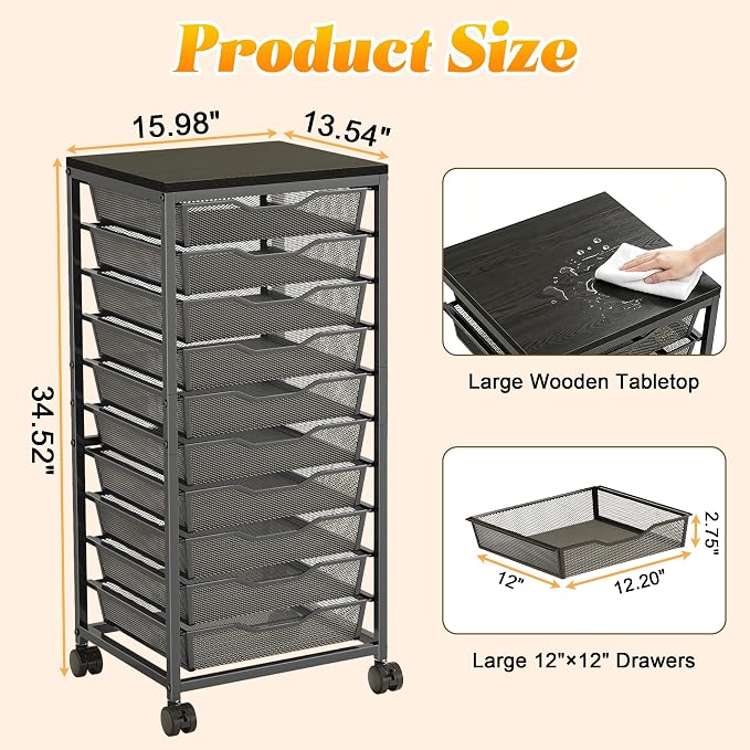 10-Drawer Rolling Storage Cart, Craft Organizers and Storage, Black | 12x12 Inch Storage Drawers for Scrapbook Paper,Classroom,Craft,Bathroom,Teacher,Office,Art,Metal Organizer Cart with wheels - Image 3
