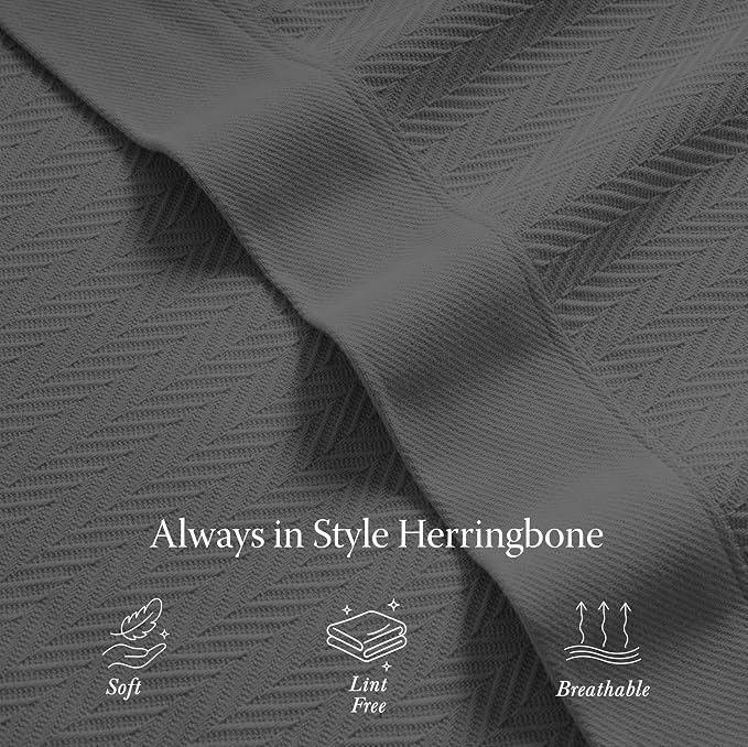 Threadmill Cotton Twin Blanket, Herringbone, Dark Grey, All-Season | 100% Cotton, Herringbone Pattern, 350 GSM, 68x92 in, Breathable, Moisture-Wicking, All-Season, OEKO-TEX Certified - Image 4