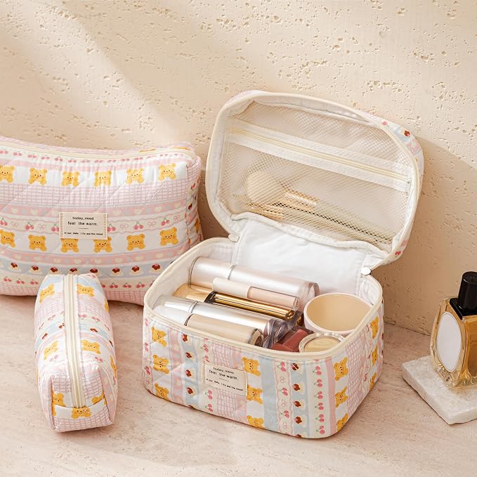 HBselect Quilted Makeup Bag, 3Pcs Cotton Large Travel Makeup Bags Organizer | Cute Floral Make up Bag Cosmetic Bag Toiletry Bag for Women Girls, Makeup Pouch for Skincare, Brushes & Travel Essentials - Image 2