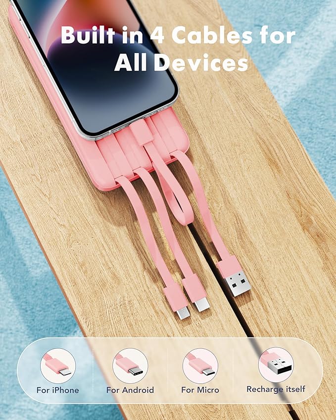 charmast Power Bank Portable Charger with Reinforced Built-in 4 Cables | 3A Fast Charging,10000mAh,6 Outputs 3 Inputs,Travel Essentials,TSA Compliant,LED Display,compatible with iPhone Samsung Moto - Image 2