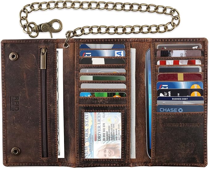 F&L CLASSIC RFID Blocking Mens Tri-fold Long Style Cowhide Leather Steel Chain Wallet,buffalo vintage leather - Image 6