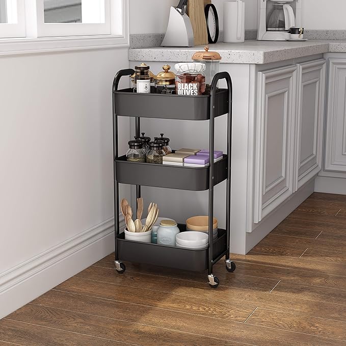 3-Tier Rolling Utility Cart with Caster Wheels Easy Assembly, Black | Easy Assembly, multi-purpose storage trolley for kitchen, rolling cart with smooth caster wheels for bathroom - Image 2