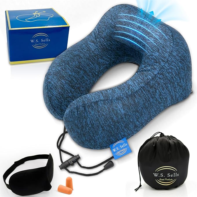 W.S. Sells Travel Neck Pillows for Airplanes - Pure Memory Foam with Ergonomic Design & Breathable Fabric - Travel Pillows for Airplanes & Cars - Set of Travel Essentials with Sleep Mask & Ear Plugs by WSSells