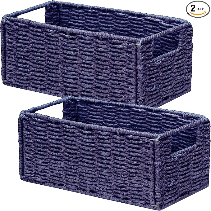 Wicker Storage Basket, Set of 2 Hand-Woven Paper Rope Wicker Basket, Small Storage Baskets for Organizing Toilet Paper, Foldable Small Cube Organizer Bins for Shelves (Purple) by Vagusicc