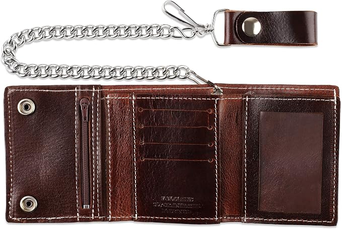 RFID Blocking Men's Tri-fold Vintage Biker Cowhide Leather Steel Chain Wallet,Snap closure, Made In USA,cp315,brown - Image 3