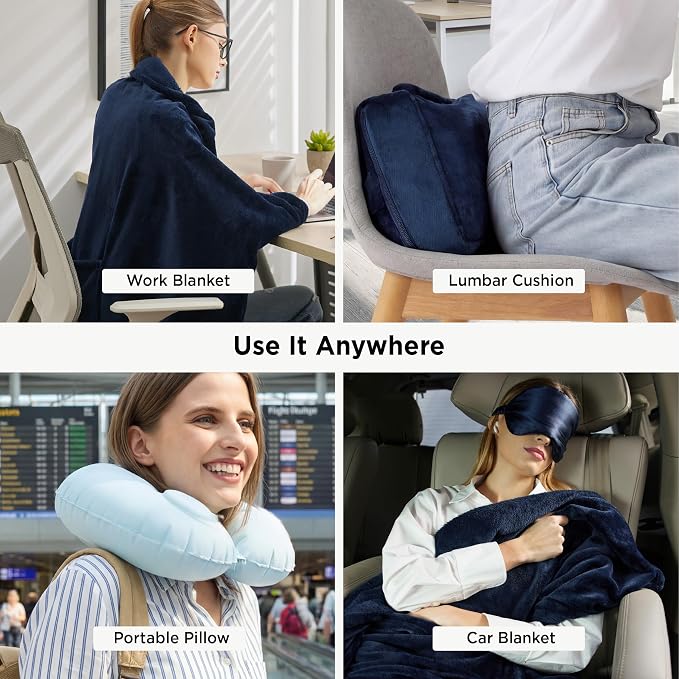 Bedsure Travel Blanket Set with Inflatable Neck Pillow and Eye Mask - Lightweight 3-in-1 Airplane Packable Blanket, Compact Travel Essentials, Navy - Image 7
