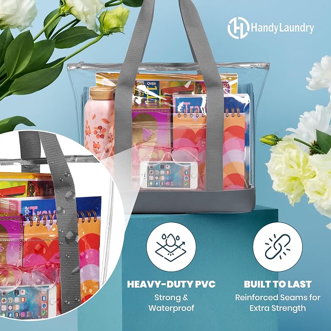 Handy Laundry Clear Tote Bag - Zipper Closure, Long Shoulder Strap, Fabric Trimming. - Image 3
