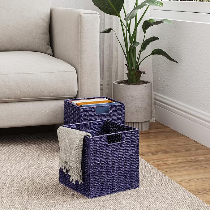 Wicker Storage Basket, Set of 2 Hand-Woven Paper Rope Wicker Basket, Foldable Cube Storage Bins, 9 inch Square Storage Baskets for Organizing Shelves & Decor, Purple (9″×9″×9″) - Image 3