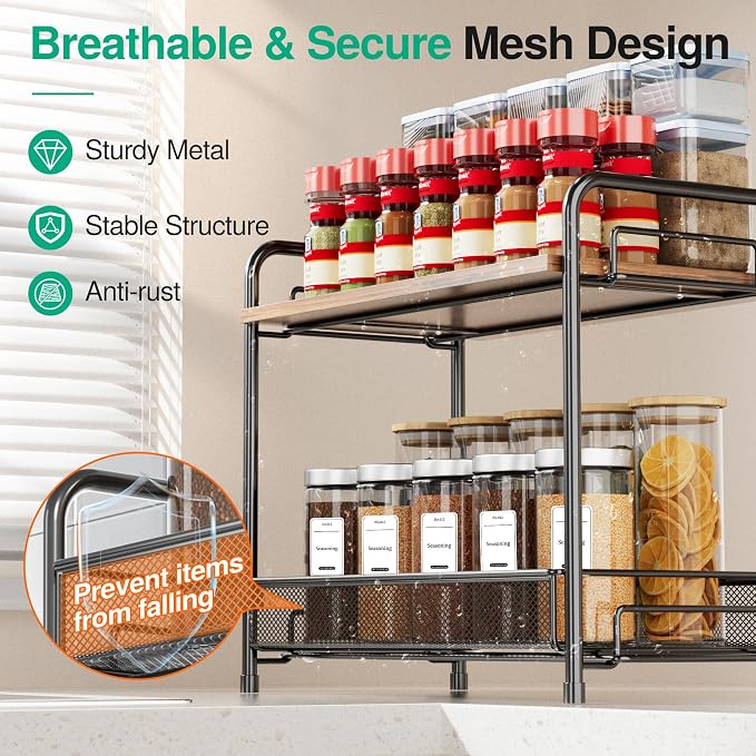 Spice Rack Organizer for Countertop with Wood Top, 2-Tier Foldable Metal Rust-Proof Standing Large Seasoning Storage Shelf with Guardrail & Mesh Design for Kitchen Cabinet Living Room, Black - Image 5