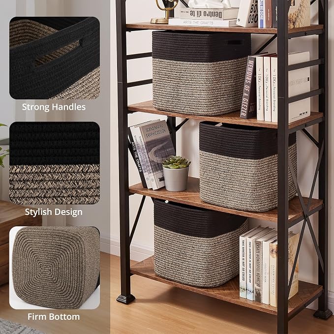 OIAHOMY 13 Inch Cube Storage Bins, 3-Pack Cotton Rope Woven Baskets for Organizing, Insert Storage Baskets for Shelves, Baby Nursery, Closet Organizer, 13 * 13 * 12.6IN, Black & Mixed Brown - Image 3