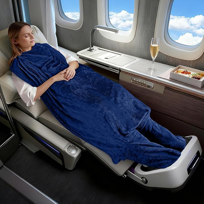 Tirrinia Travel Portable Blanket with Feet Pocket Airplane Office Poncho 4 in 1 Zippered Front Pocket Premium Cozy Fleece Blankets with Built-in Bag - Image 6
