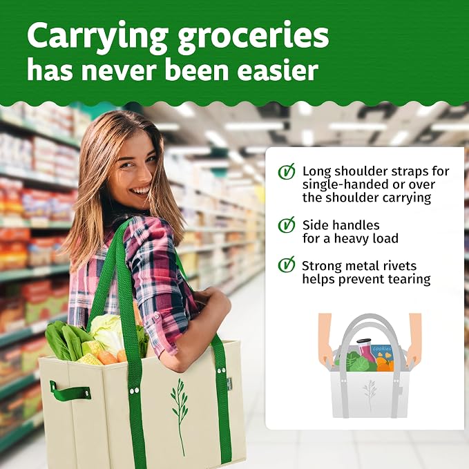Green Bulldog Reusable Grocery Bags - Heavy Duty Reusable Shopping Tote Bags W/Long Handles, Foldable & Collapsible, Holds Up to 65 lbs - for Kitchen, Picnic 3 Pack - Image 3