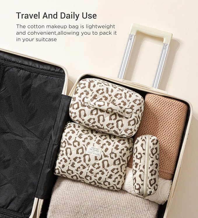 HBselect Quilted Makeup Bag, 3Pcs Cotton Large Travel Makeup Bags Organizer | Cute Floral Make up Bag Cosmetic Bag Toiletry Bag for Women Girls, Makeup Pouch for Skincare, Brushes & Travel Essentials - Image 4