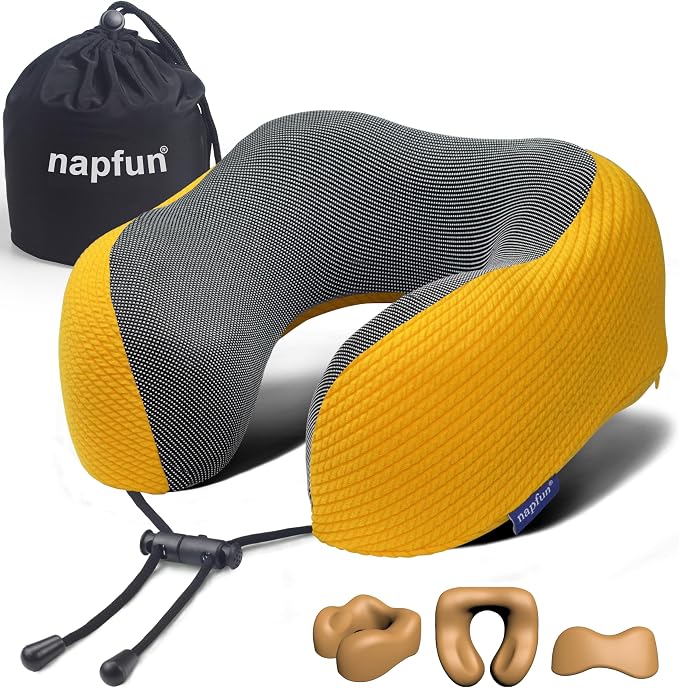 napfun Neck Pillow for Travel, Memory Foam Airplane Pillow, Yellow | 360° Neck Support, Upgraded 100% Memory Foam for Airplane, Car, Train, Bus, Office Sleep, Travel Essentials for Long Flights by NAPFUN